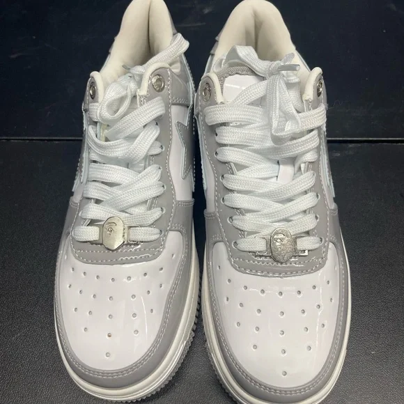 BAPE Sta Low Gray Patent Sneakers – White / Gray – Streetwear Shoes - Picture 2 of 5